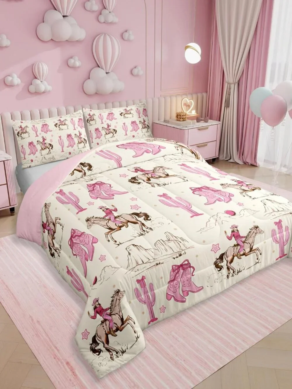 Retro Western Horse Twin Comforter Set for Girls,Pink Cowgirl Boots and Bows Bed